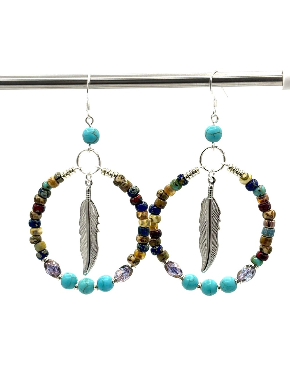Hand Crafted Turquoise Howlite Beaded Feather Hoop Earrings - Women Jewelry - Picture 5 of 8